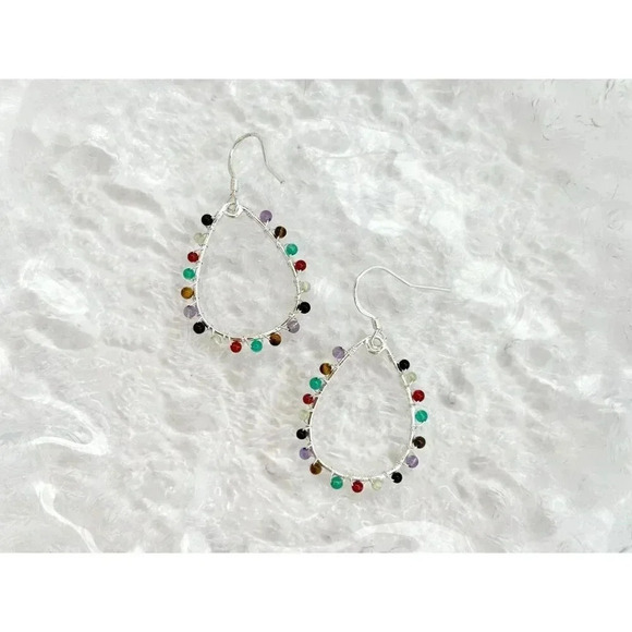 Sterling Silver Rainbow Quartz Gemstone Lined Teardrop Vintage Hoop Earrings - Picture 3 of 9